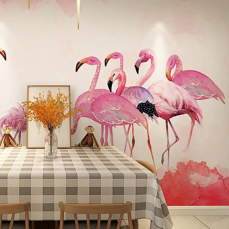 Pink Flamingo Mural Wallpaper Stain-Resistant Wall Covering for Home Decoration