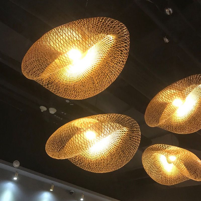 Modernismus 1 Glühbirne Hängende Lampe Holz handgefertigt Anhängerleuchte mit Bambusschatten