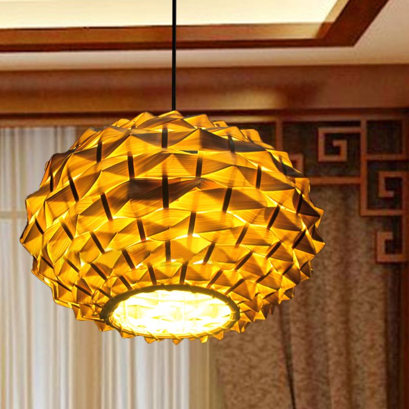 Chinese 1 Head Hanging Light Beige Teardrop Pendant Lighting Fixture with Bamboo Shade