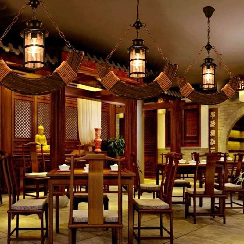 Nautical Style Hanging Light Kerosene Lamp Shaped 1 Head Wood Pendant Lamp for Hallway