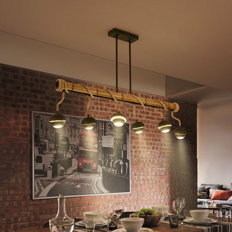 Industrial Linear Island Chandelier 2/3/6 Bulbs Iron Pendant Lamp in Black with Bamboo Tube and Rope, Warm/White Light