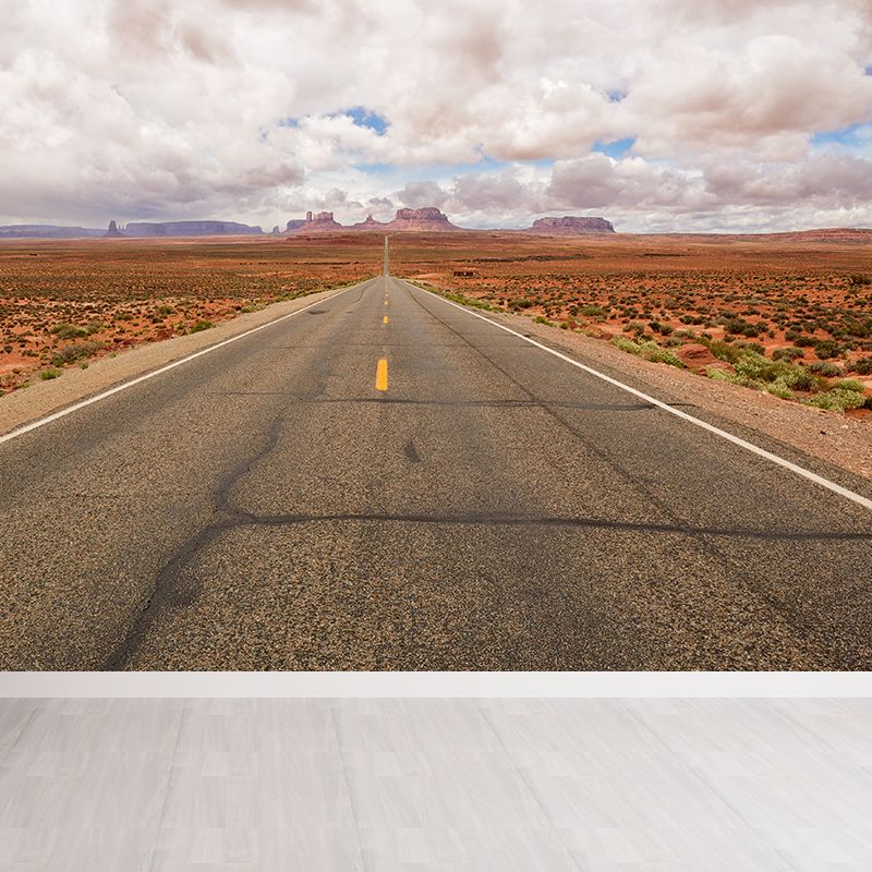 Full Size Photography Modern Mural Wallpaper with Highway and Grassland in Light Color