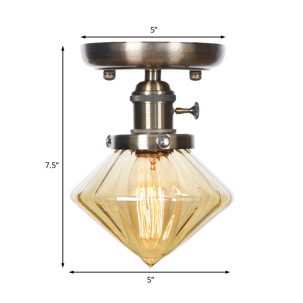 1 Light Ceiling Lighting Industrial Cone/Bell/Rhombus Clear/Amber Glass Semi Flush Mount Light in Bronze