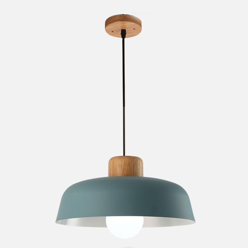 Modern Creative Single Pendant Light Wooden Dome Macaron Hanging Lamp with Iron Shade