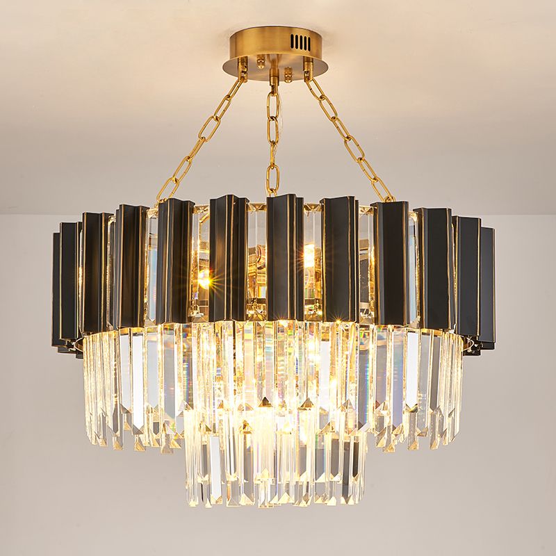 Tapered Bedroom Chandelier Light Modern Clear Crystal Prisms 9 Heads Black Finish Hanging Lamp Kit