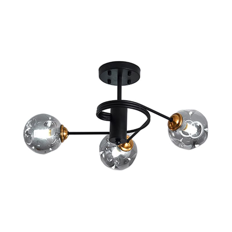 3/5 Lights Living Room Semi Flush with Ball Amber/Smoke Dimpled Blown Glass Shade Modernist Black Semi Flush Ceiling Light