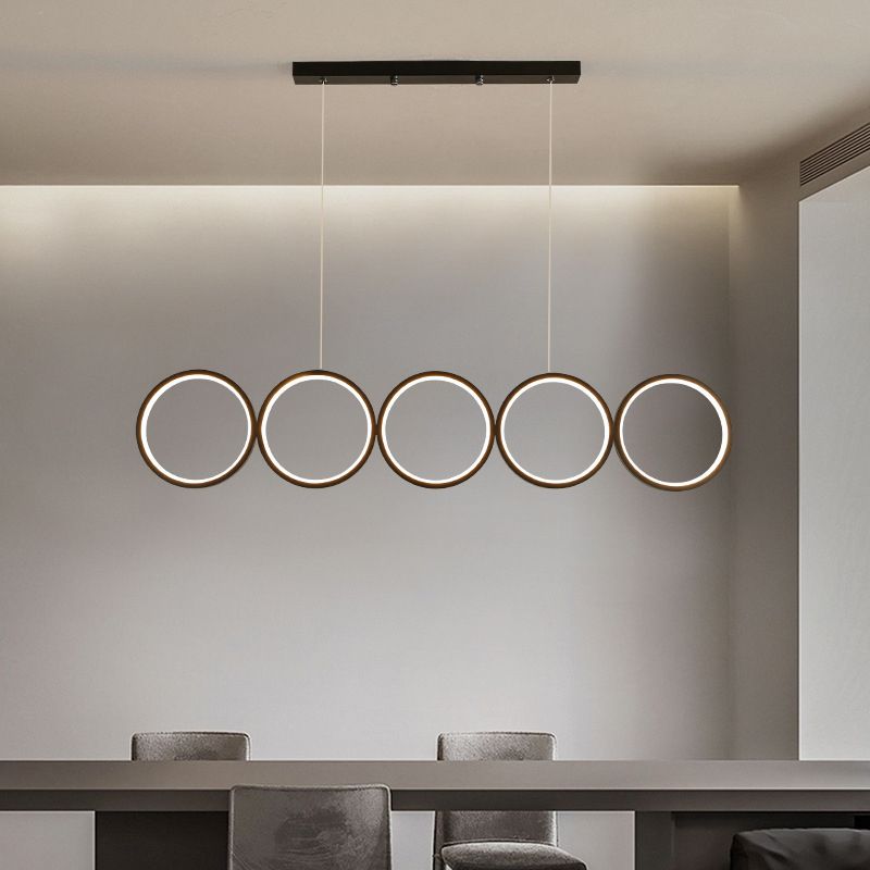 Black 5-Ring Hanging Island Light Simple Metal LED Ceiling Pendant over Table, Warm/White Light
