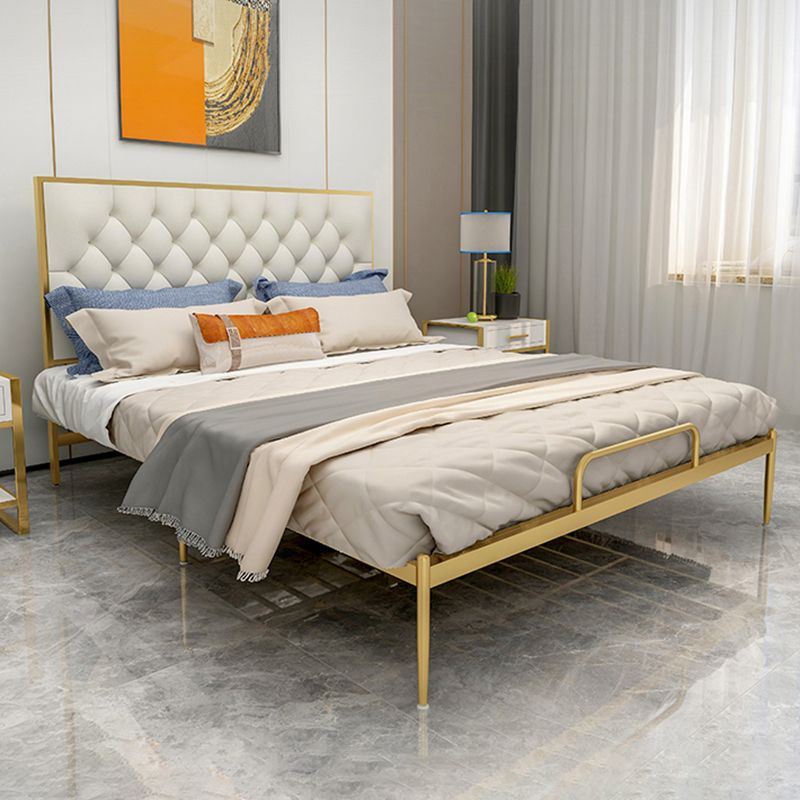 Glam Metal Panel Bed with Rectangular Upholstered Headboard, 43.3" Tall