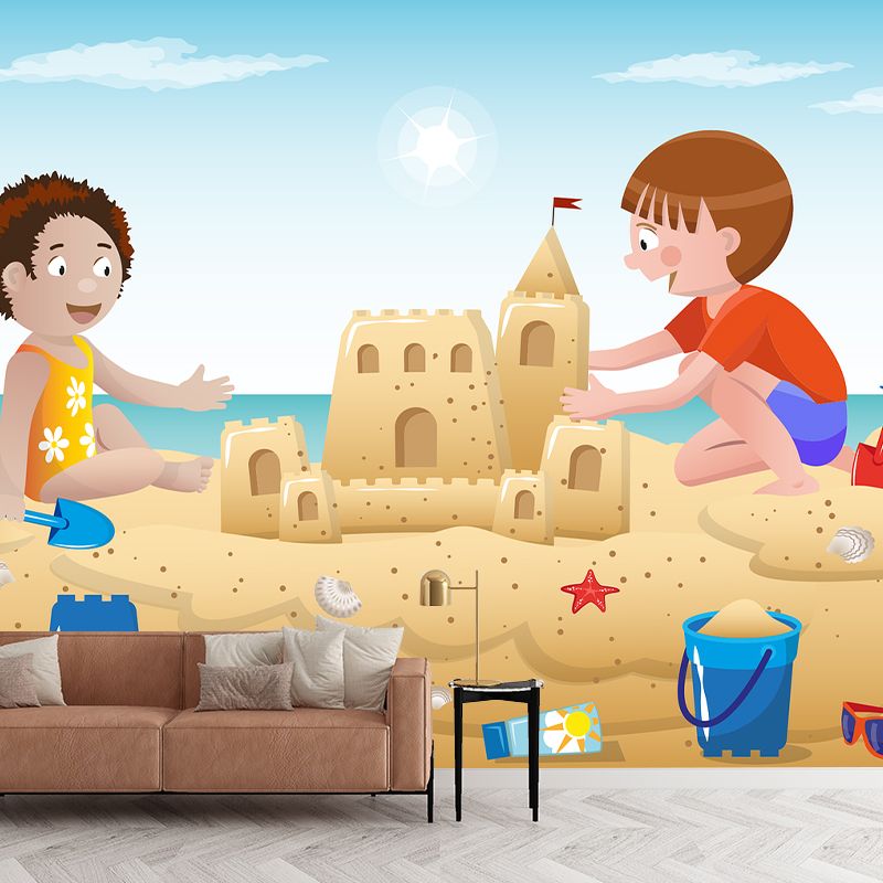 Cartoon Seaside Beach Pattern Mural Horizontal Version Moisture Resistant for Wall Decoration