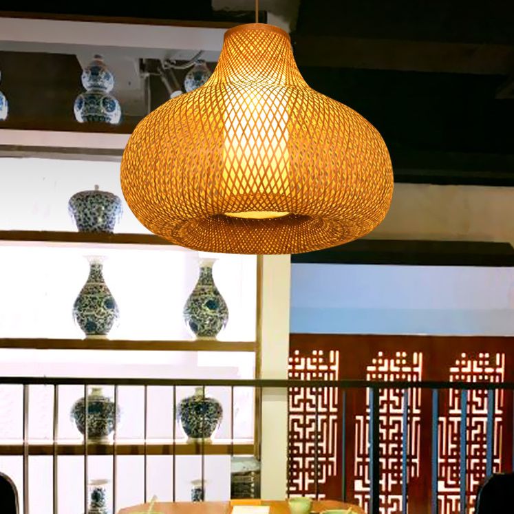 Chinese Pear-Shaped Pendant Lighting Fixtures Rattan Hanging Light with Hanging Cord for Restaurant