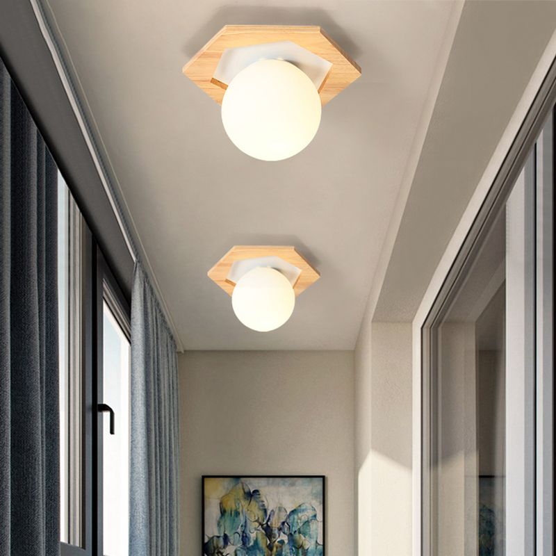 Modern Geometric Flush Mount Frosted White Glass 1-Light Corridor Flushmount Ceiling Light with Wooden Canopy