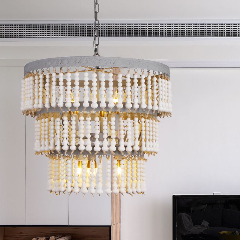 White 3-Tier Ceiling Chandelier Modernism Wood 6 Heads Hanging Light Fixture with Adjustable Chain