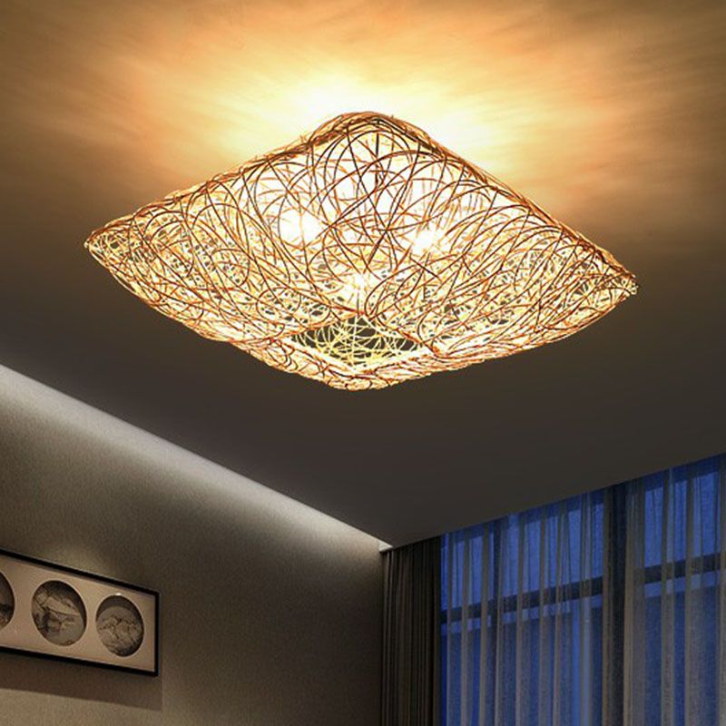 Japanese Square Flush Ceiling Light Rattan 3 Heads Bedroom Flush Mount Lighting in Wood