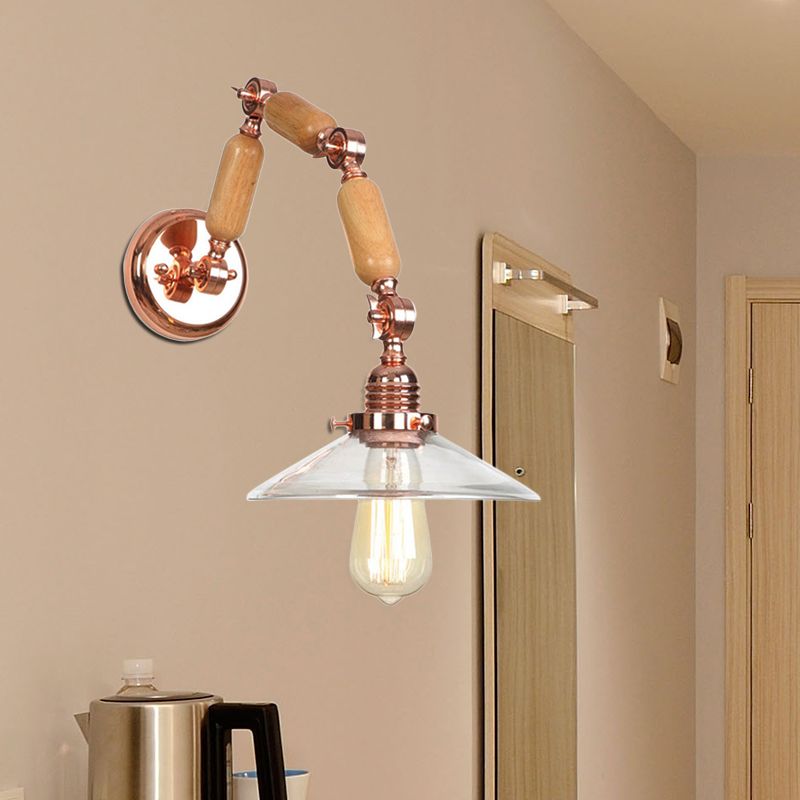 Konische klare Glaswandmontierte Lampe Vintage Einer Glühbirnen Wohnzimmer Leuchte in Roségold mit Arm