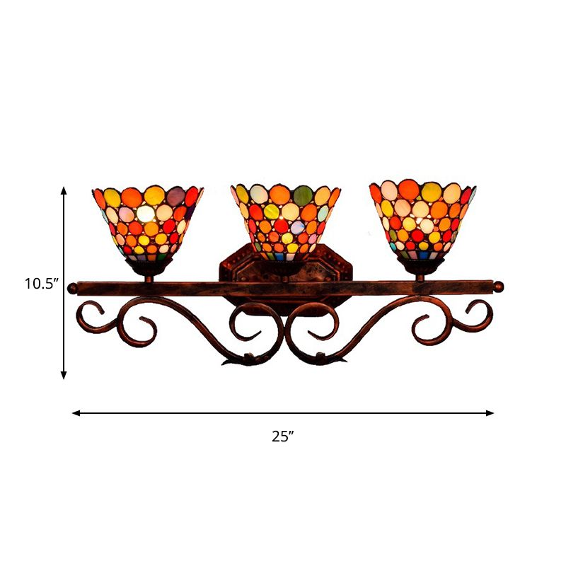Stained Glass Dots Flared Wall Lamp Tiffany 3-Head Rust Vanity Sconce Light for Bathroom
