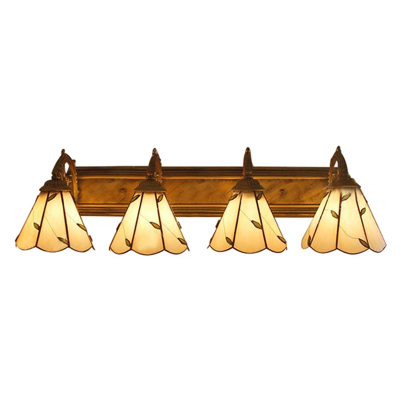 Stained Glass Leaf Wall Sconce Light Rustic Loft 4 Lights Bathroom Vanity Lighting in Beige