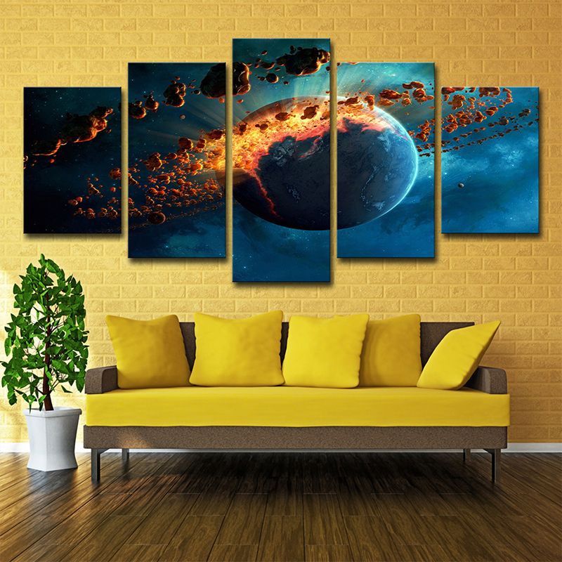 Science Fiction Planet Explosion Canvas Living Room Wall Art in Blue, Multi-Piece