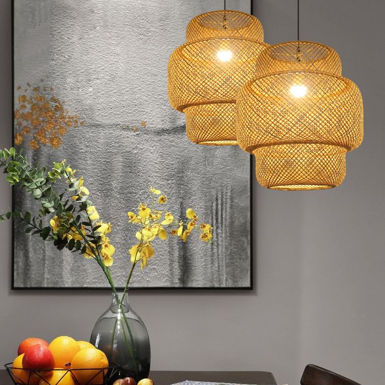 Bamboo Lantern Suspension Pendant Light Asia Style Beige Pendant Lighting Fixture