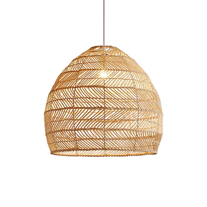 Living Room Pendant Lighting Chinese Beige Hanging Lamp with Elongated Dome Rattan Shade