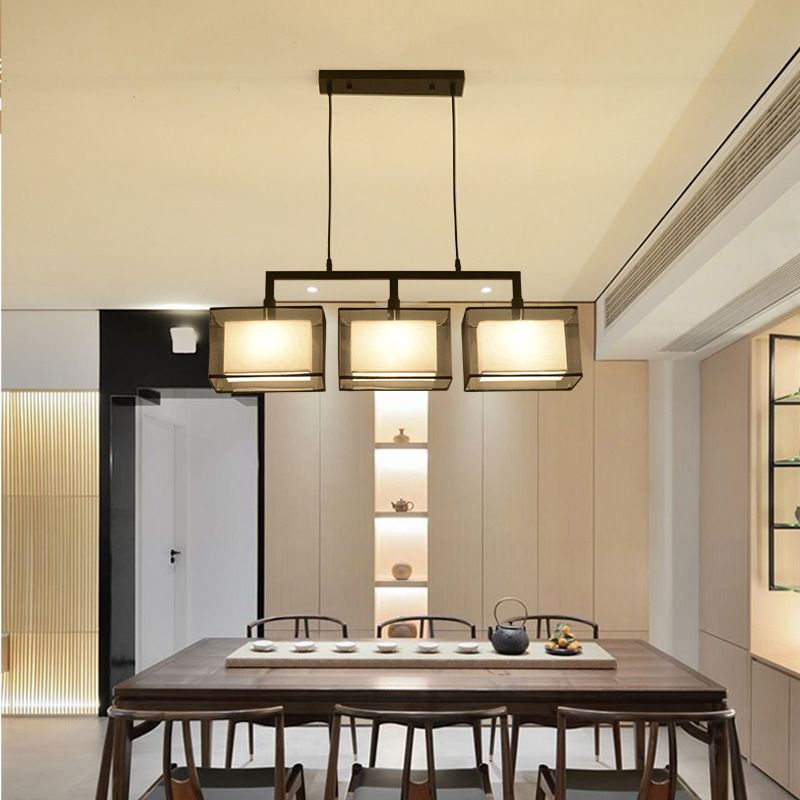 Double-layer Fabric Shade Island Lighting Pendant Chinese Style Metal Rectangle Hanging Light for Study Room