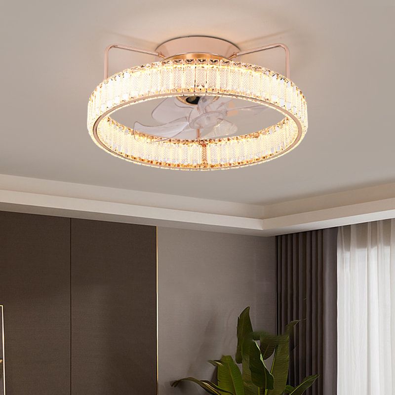 7-Blade LED Ceiling Fan Contemporary Crystal Golden Fan with Light for Foyer