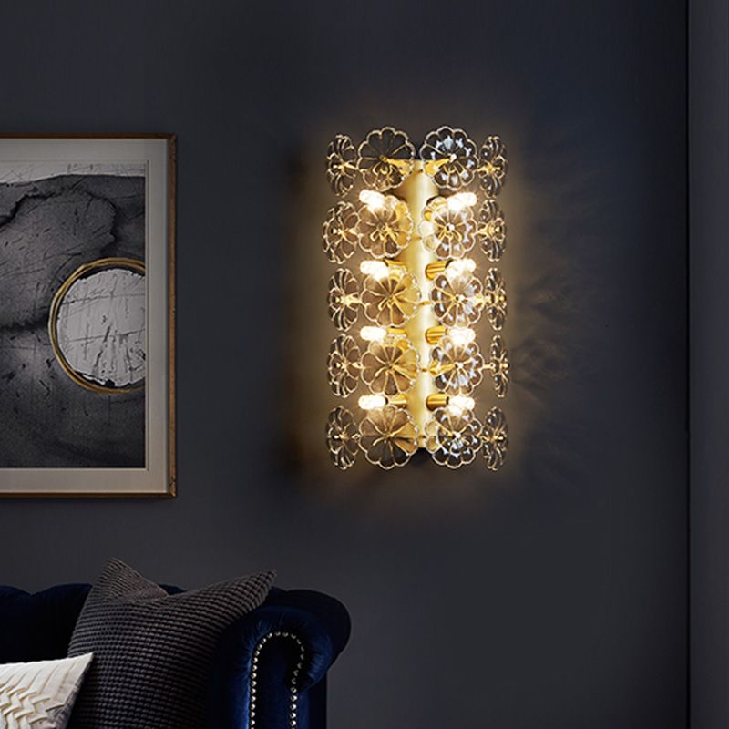 Minimalist 3 Bulbs Sconce Light Gold Floral Wall Mount Lighting with Crystal Shade for Bedroom