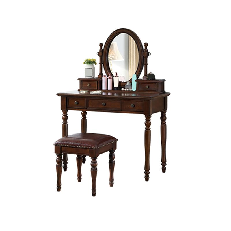 Traditional Mirrored Make-up Vanity Rubber Wood Dressing Table Stool Set