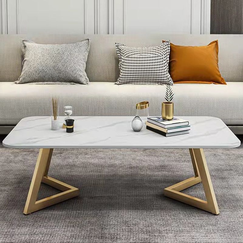 Glam Style Rectangle Slate Coffee Table 17.7"H Iron Sled Cocktail Table