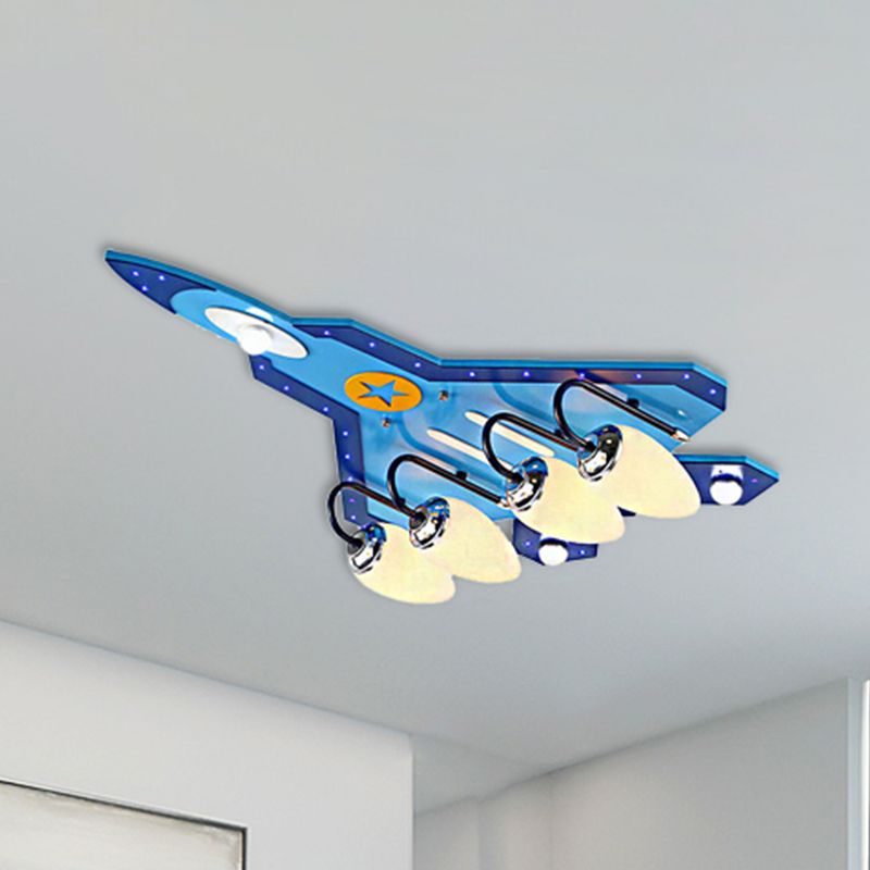 Kid Bedroom Fighter Plane Flush Mount Ceiling Light Metal 4 Bulbs Cartoon Blue Ceiling Light