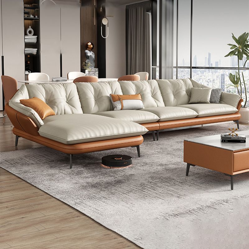 Modern Wood Frame Genuine Leather Flared Arm Sofa with Tufted Back