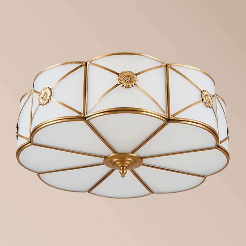 White Frosted Glass Drum Ceiling Light Traditional Rustic Style Brass Lighting Fixture for Bedroom Living Room