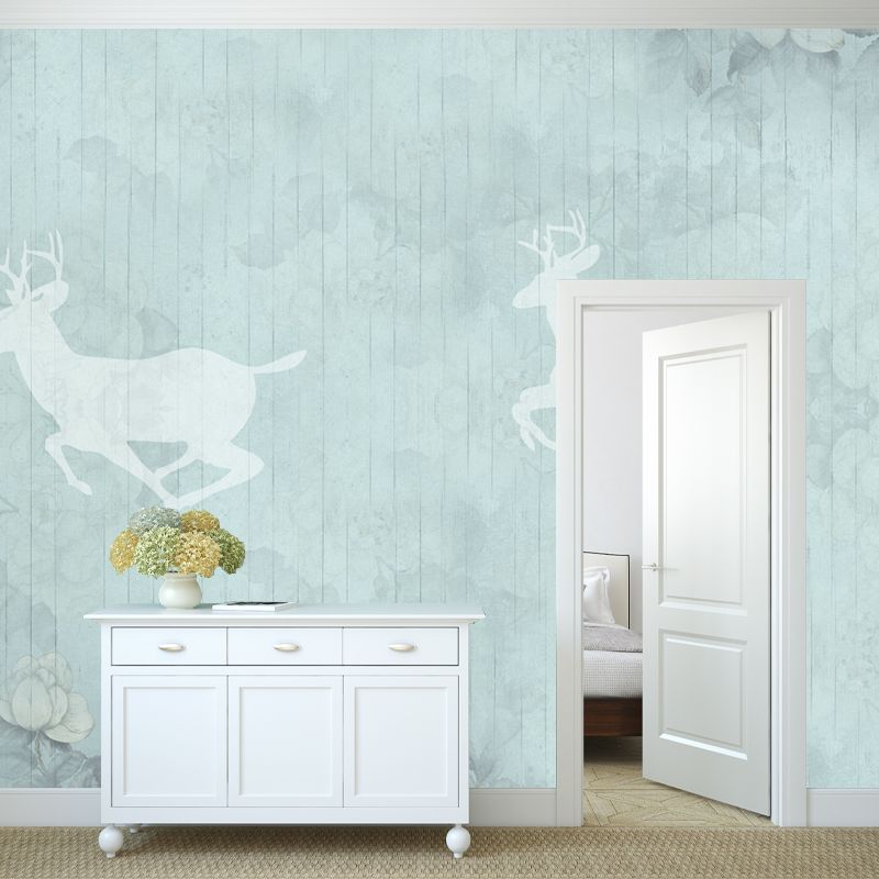 Minimalist Deer Silhouette Murals Wallpaper Grey-Blue Floral Print Wall Covering