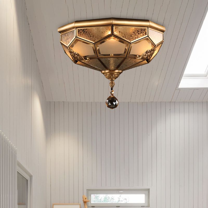 Opal Glass Faceted Dome Ceiling Lighting Chinese Style 3/4-Light Brass Finish Flush Mount Light for Bedroom, 14"/18" W