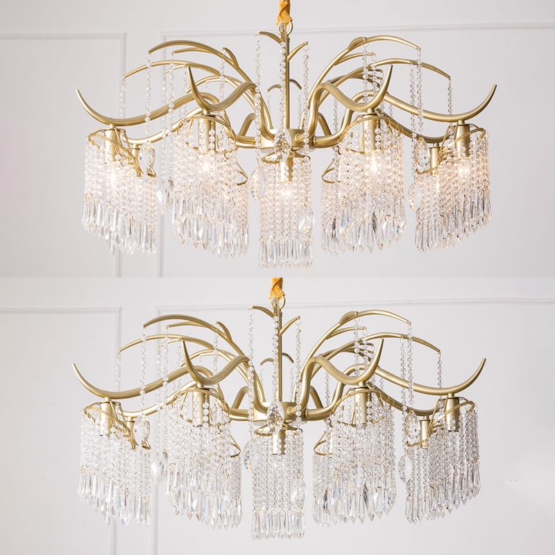 French Style Gold Chandelier Light with Clear Crystal Drops Metal Multi Light Pendant Light for Living Room