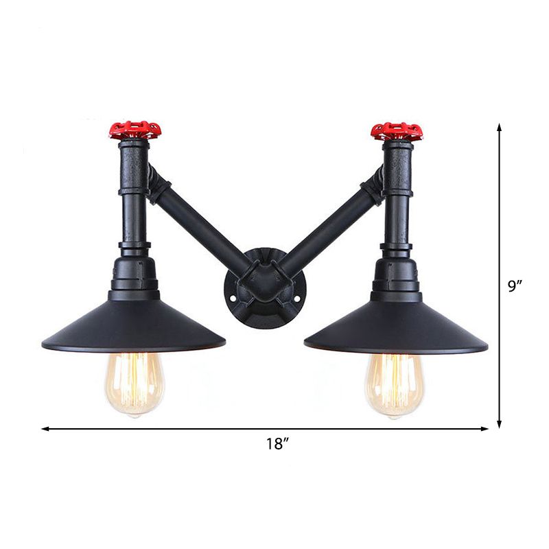 Black 2 Heads Wall Lamp Fixture Warehouse Style Metal Saucer Shade Wall Sconce Light with Pipe and Valve