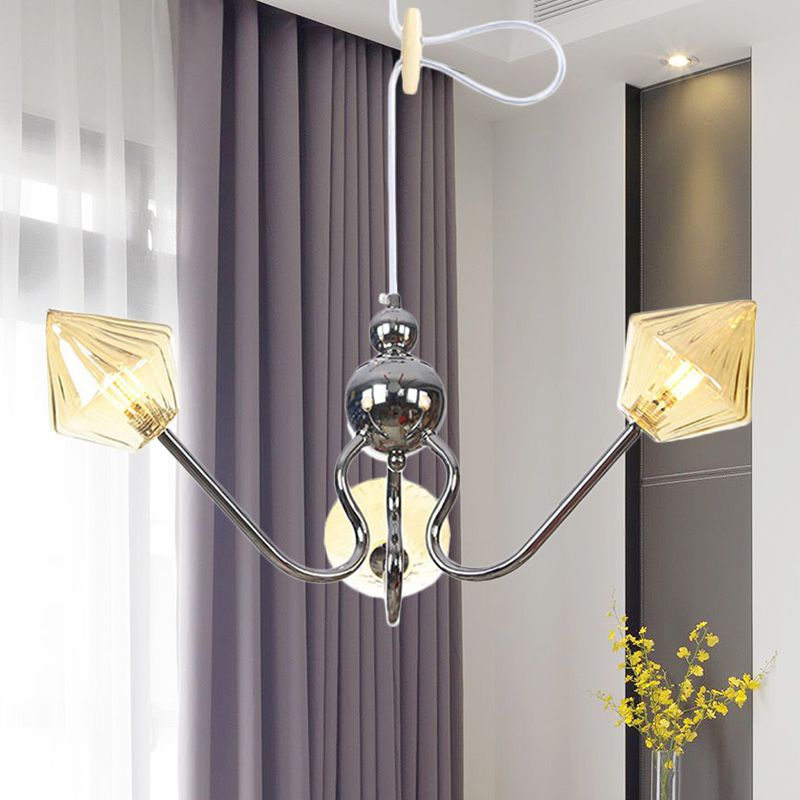 Diamond Amber Glass Hanging Chandelier Contemporary 3 Lights Chrome LED Ceiling Pendant Lamp