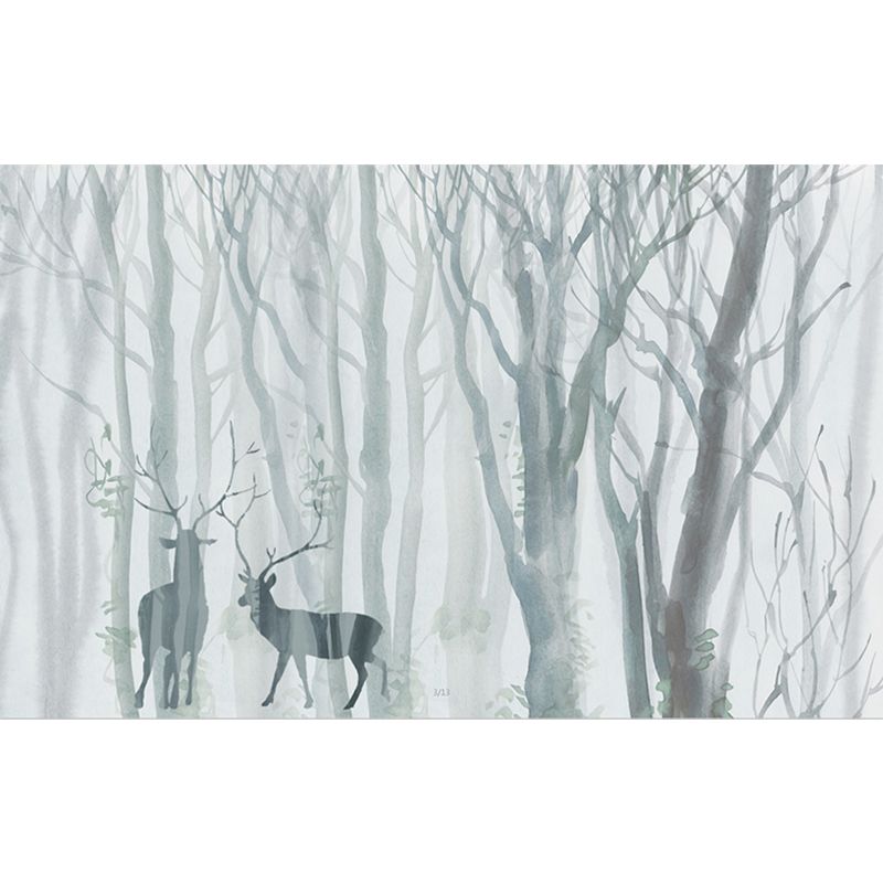 Grey-Blue Scandinavian Mural Wallpaper Full-Size Deer in Winter Forest Wall Art for Bedroom
