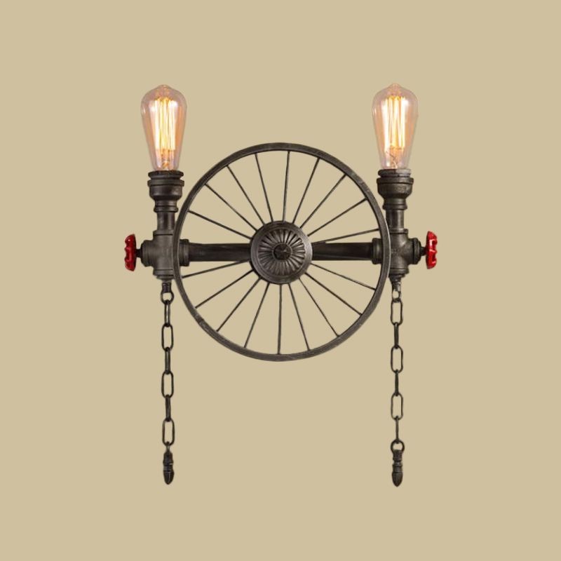 Wrought Iron Pipe Wall Light Loft 2/4-Light Bistro Wall Mount Fixture with Decorative Wheel and Chain in Silver/Bronze