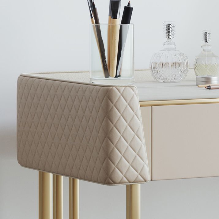 Glam Style Beige Rock Slate Vanity with 5 Drawers Metal Base