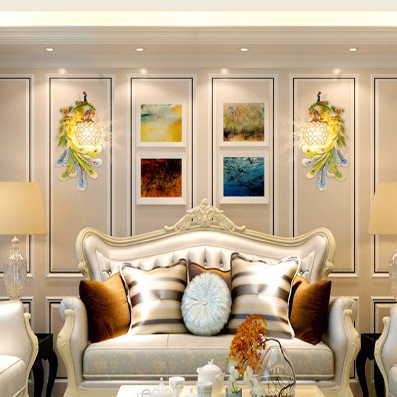 Lámpara de cristal y resina de luz de luz de pared abovedada con placa de pavo real izquierda/derecha en oro/verde, 1/2 paquetes