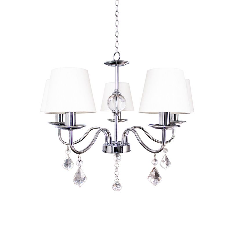 Modern Style Cone Chandelier 5 Heads Fabric Ceiling Pendant in White-Chrome with Crystal Pendeloques