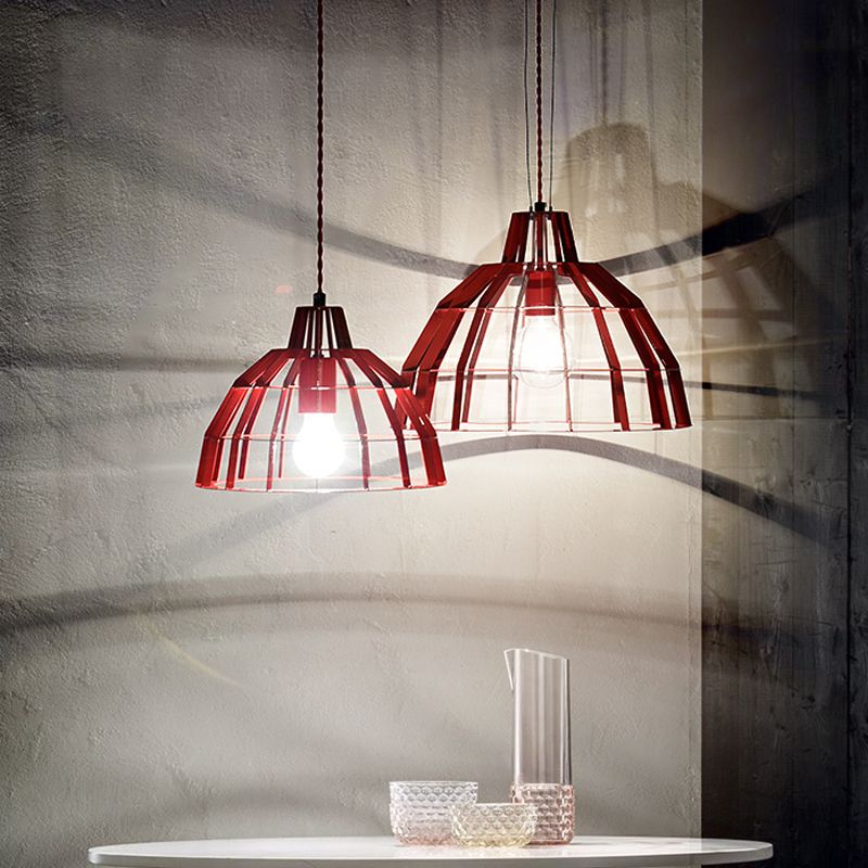 Luz de caída de tono de tono rojo 1 bombilla moderna colgante colgante de metal enjaulado para restaurante