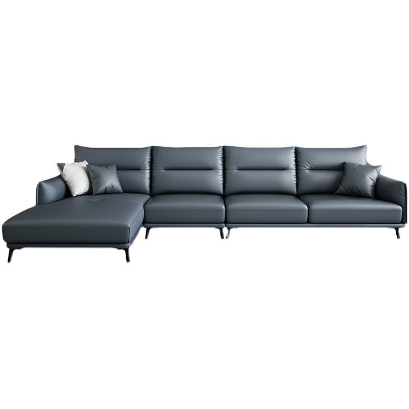 Blue Pillow Back Sectional Genuine Leather L-shape 3/4-Seat Sectional