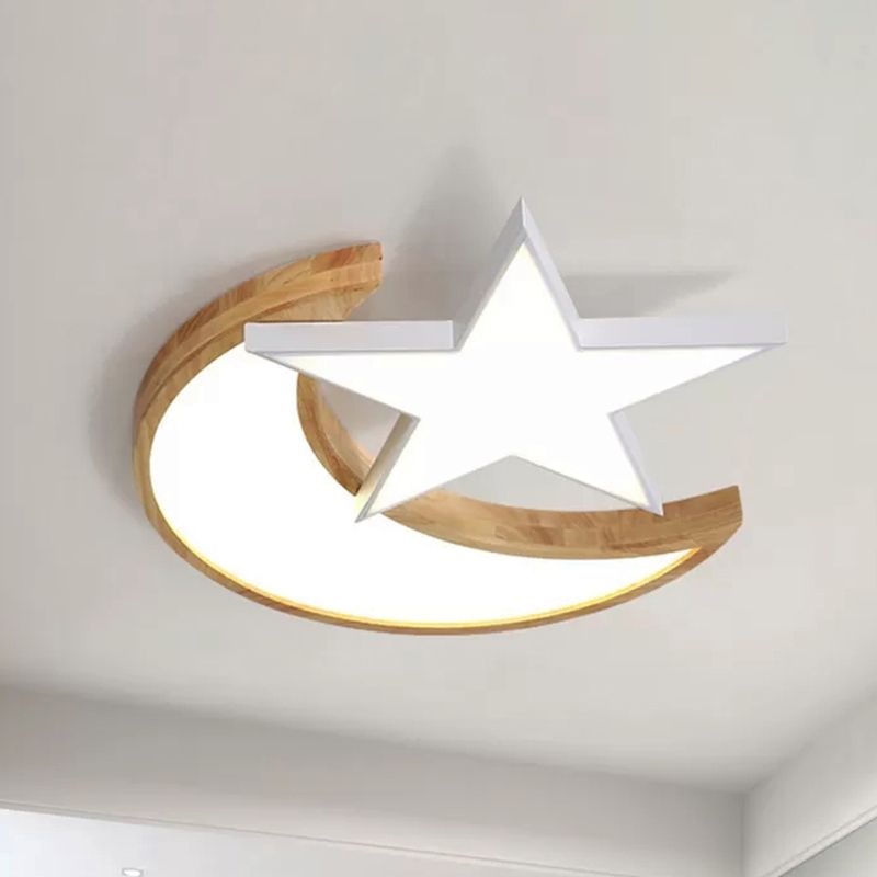 Houten Ster Maan Plafondmontage Lichte Plafondlamp in Scandinavische Stijl voor Verpleegkamer Slaapkamer