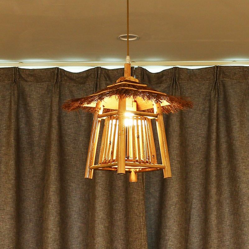 Japanese Pavilion Pendant Lighting Bamboo 1-Light Tea Room Hanging Ceiling Light in Wood