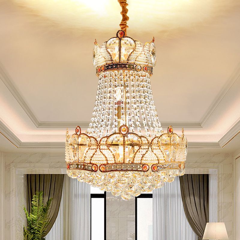 Basket Crystal Strand Chandelier Lamp Modern 8 Lights Gold Pendant Lighting Fixture for Living Room