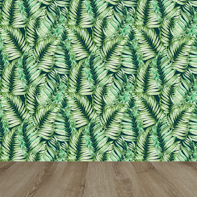 Green Leaves Pattern Mural Wallpaper Stain Resistant Tropical Dining Room Wall Covering