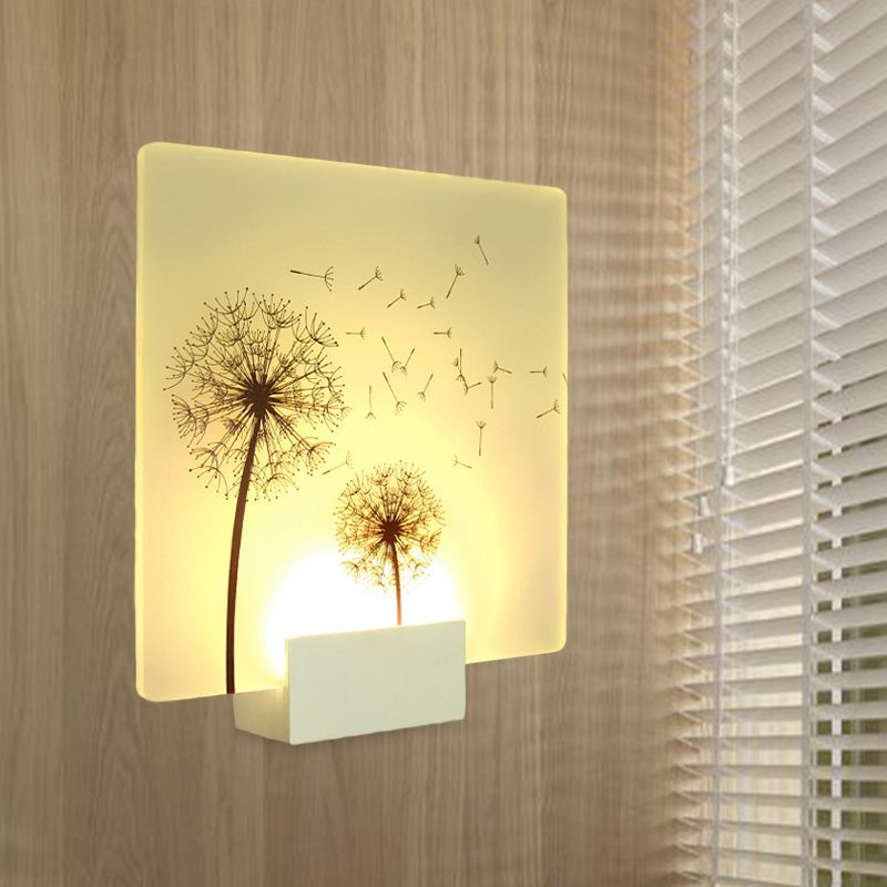 Chinese Square Acrylic Wall Mural Lamp LED Wall Mount Light Fixture in White with Dandelion Pattern