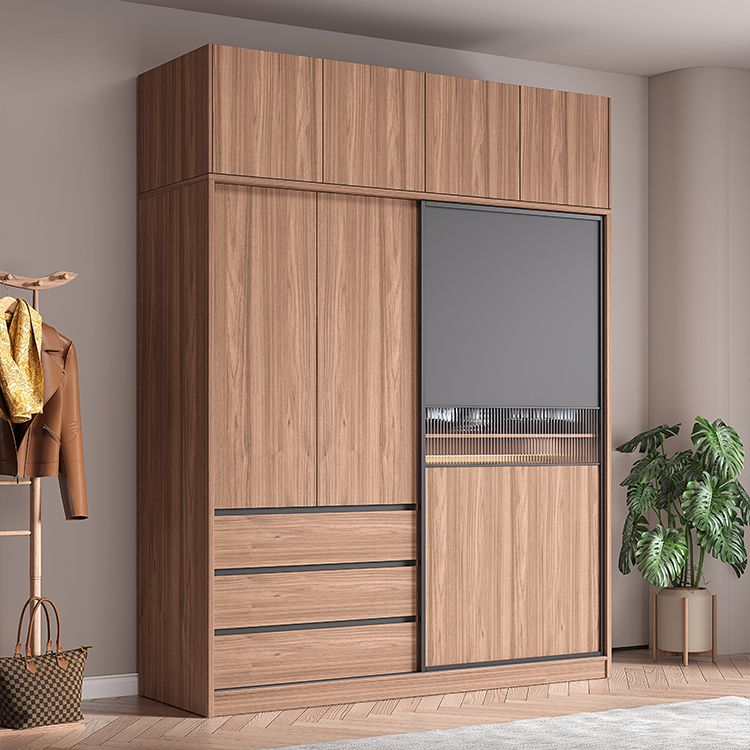 Contemporary Freestanding Wardrobe Armoire Brown Wood Wardrobe with Drawers