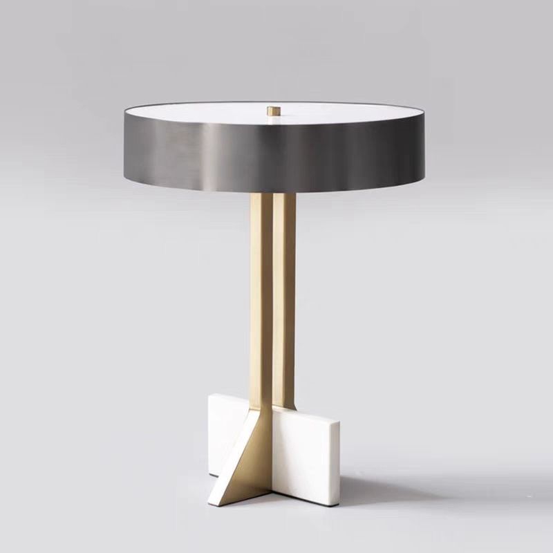Round LED Table Lamp Postmodern Metal Black and Gold Nightstand Light with Marble Quadpod